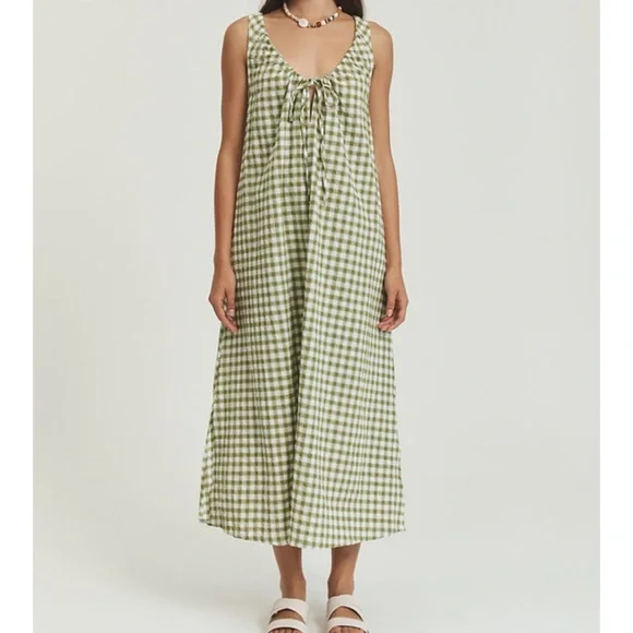Opia Byron Bay Bridget Dress XS/S NWT Green Gingham Sleeveless Maxi Dress - Picture 5 of 12